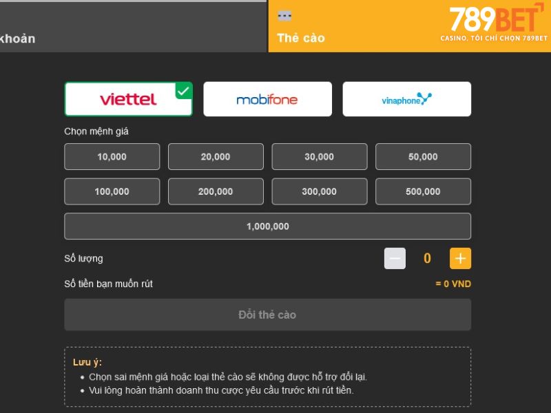 Rút tiền 789BET bằng thẻ cào